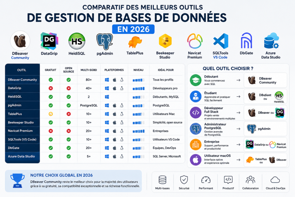Comparaison des outils SQL DBeaver DataGrip HeidiSQL et pgAdmin