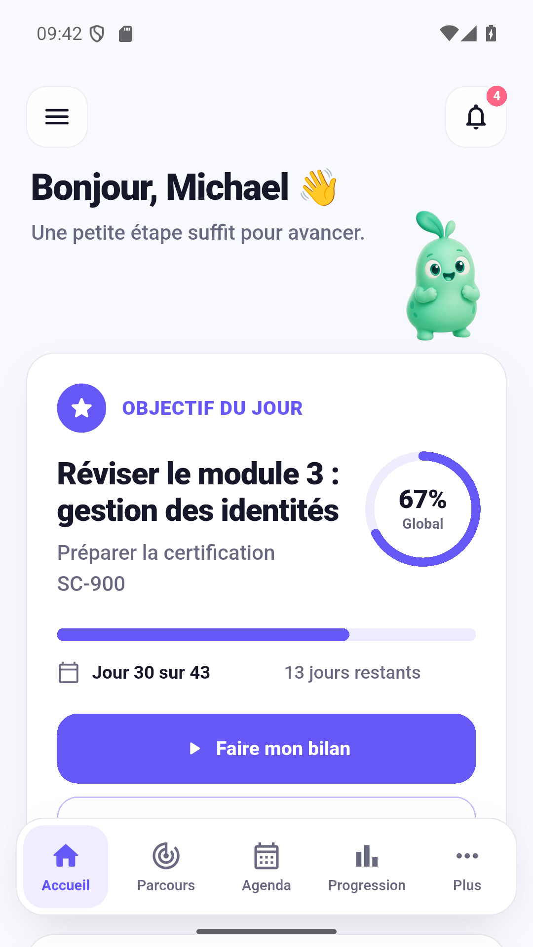 Écran d’accueil de Fidora avec objectif du jour, rendez-vous et engagements
