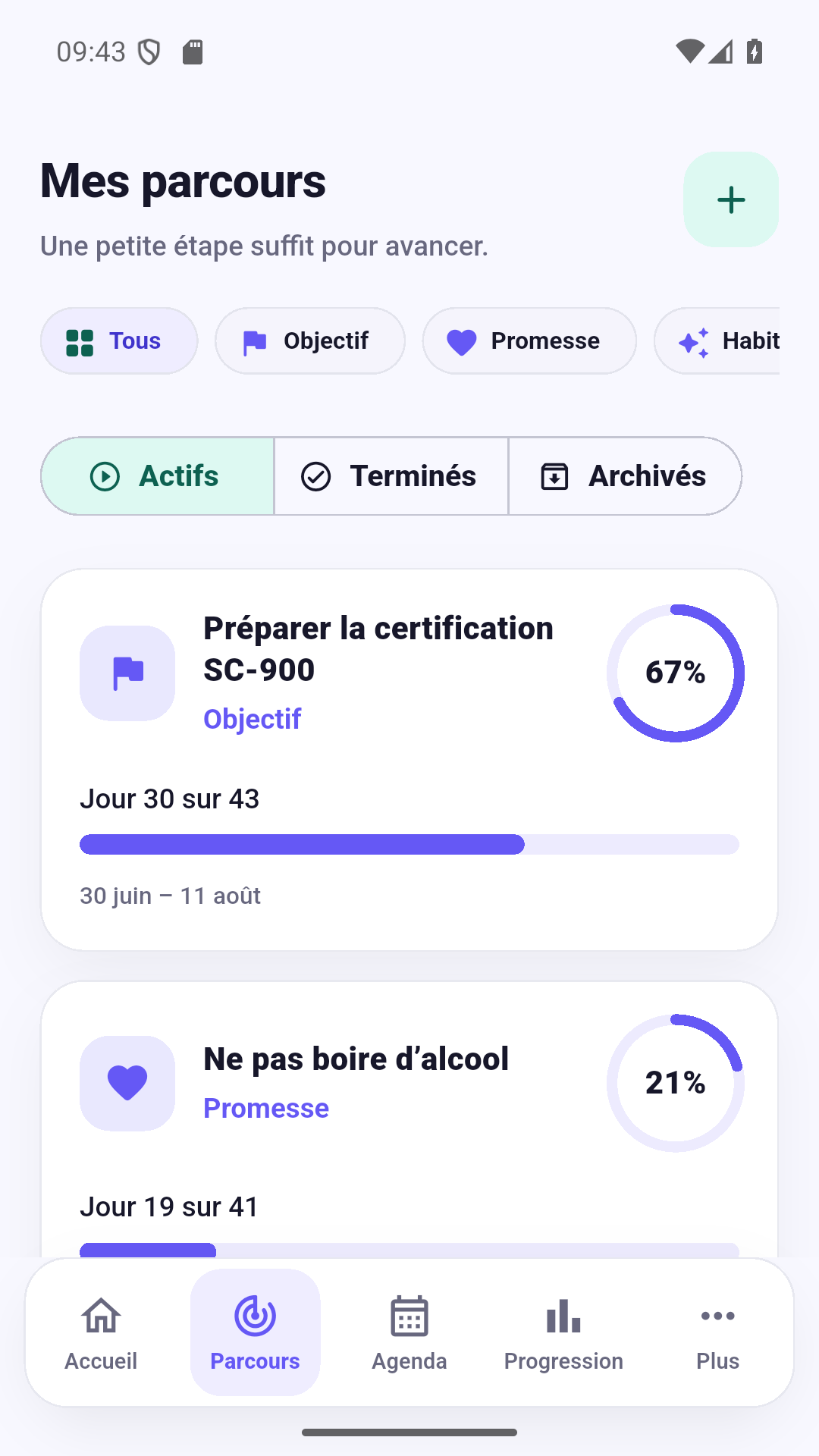 Parcours, objectifs et habitudes dans Fidora