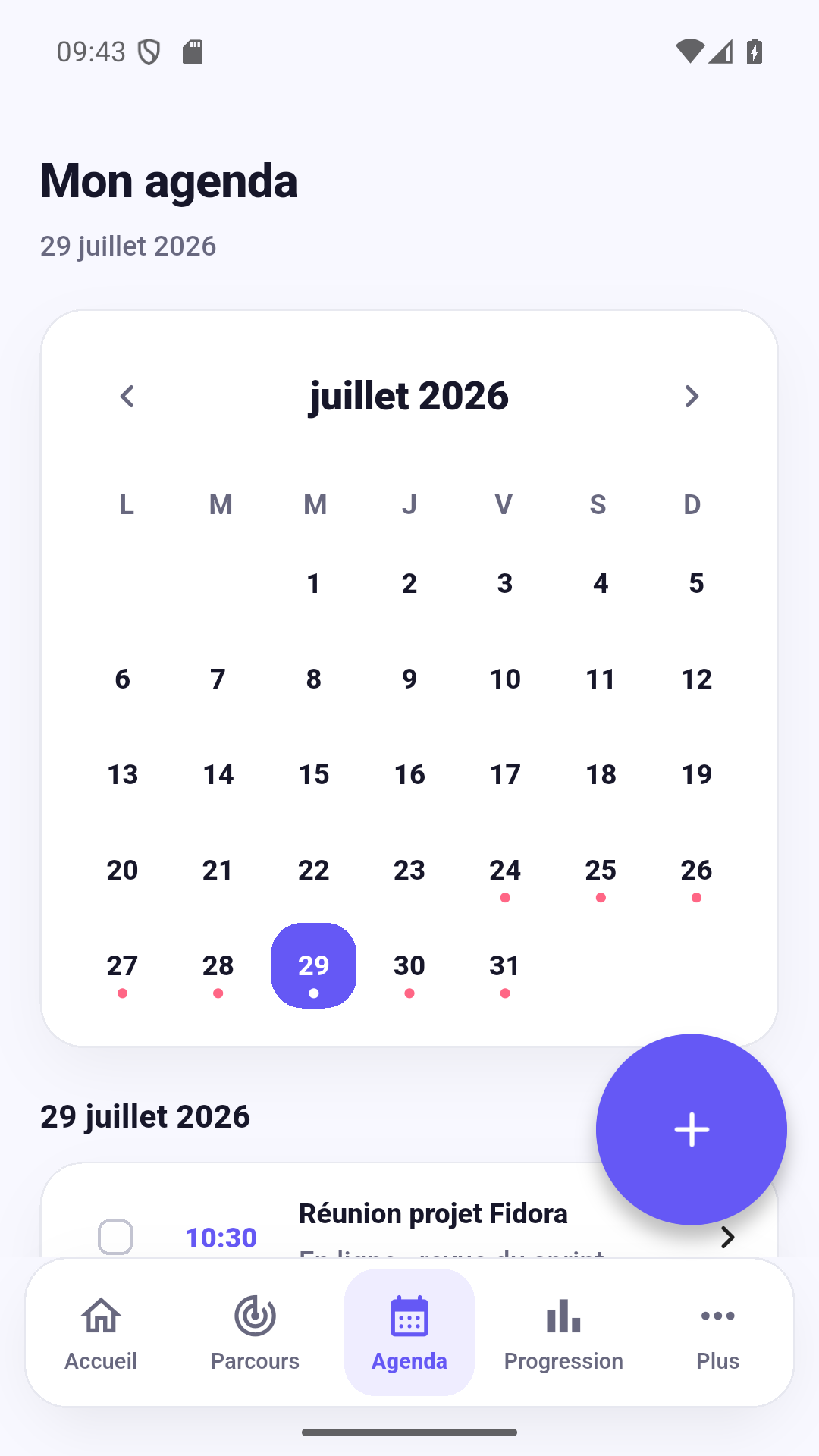 Agenda mensuel et rendez-vous dans Fidora