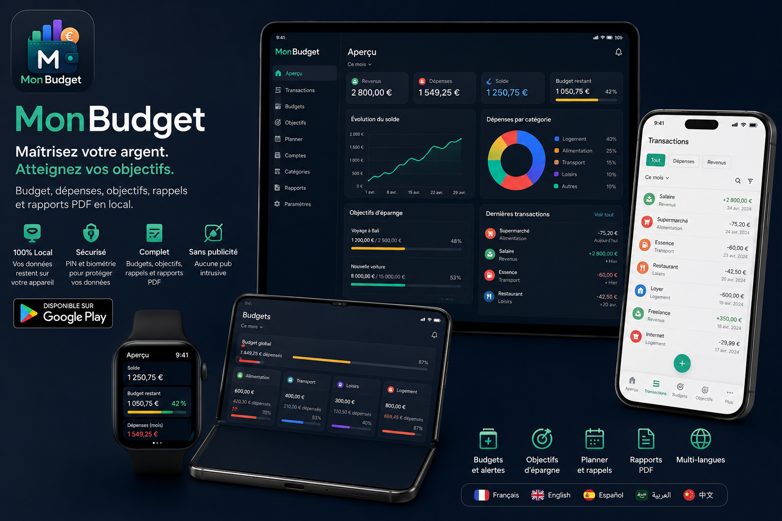 Présentation de MonBudget sur tablette Android