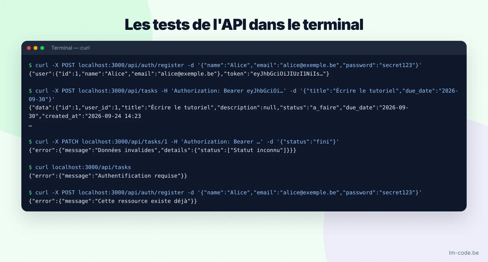 Tests de l'API REST Node.js Express avec curl : inscription, création de tâche, validation, authentification