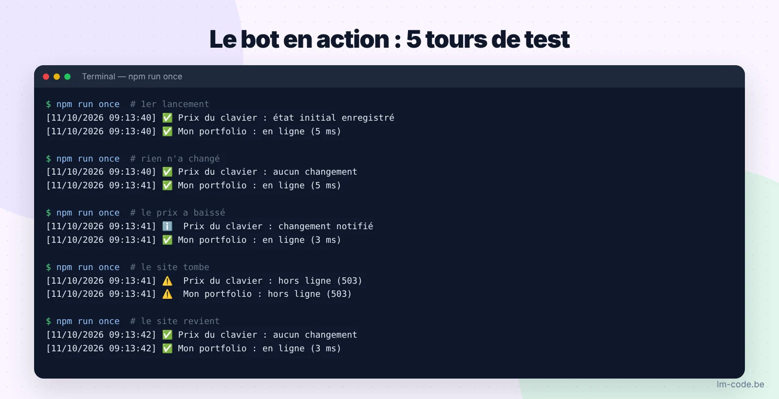 Journaux du bot Node.js de surveillance : état initial, changement de prix, site hors ligne puis de retour
