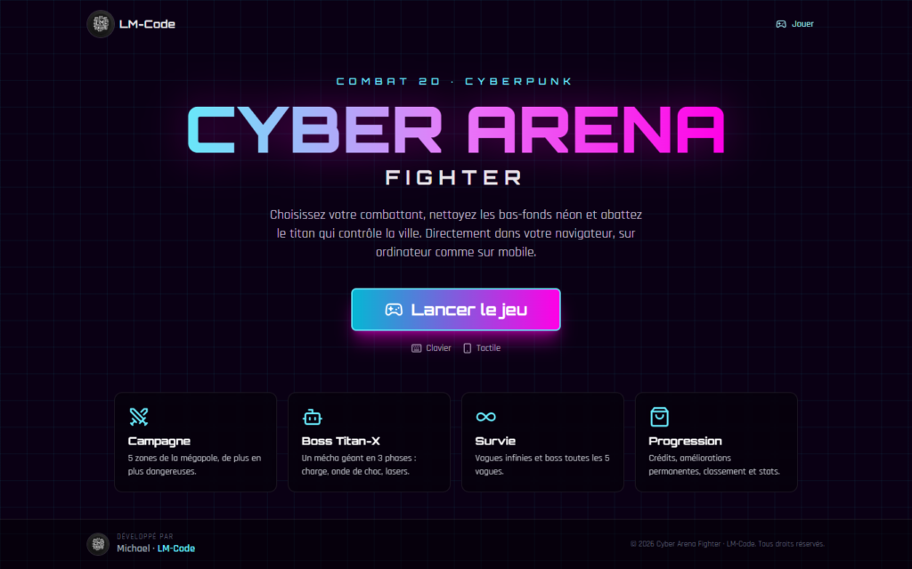 Page d'accueil du jeu de combat React Cyber Arena Fighter