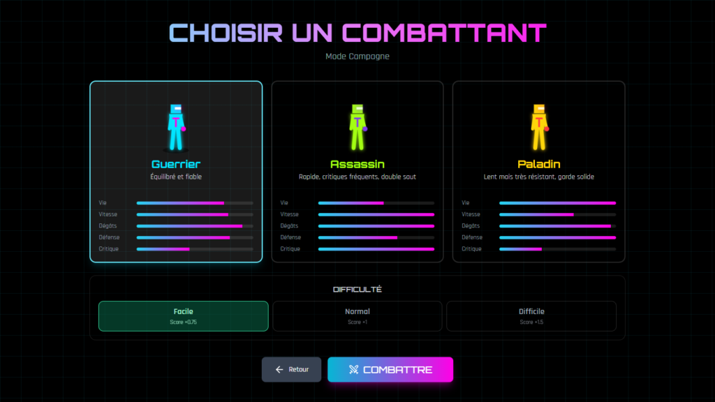 Choix du combattant (Guerrier, Assassin, Paladin) et de la difficulté