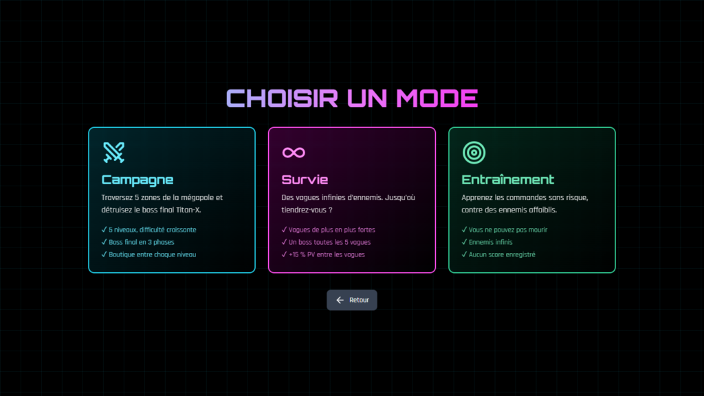 Sélection du mode de jeu : Campagne, Survie ou Entraînement
