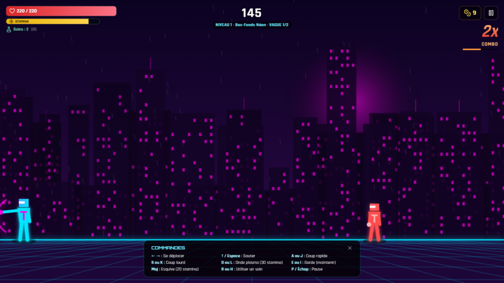 Combat en cours dans le jeu de combat 2D en React : HUD, combo et ennemi