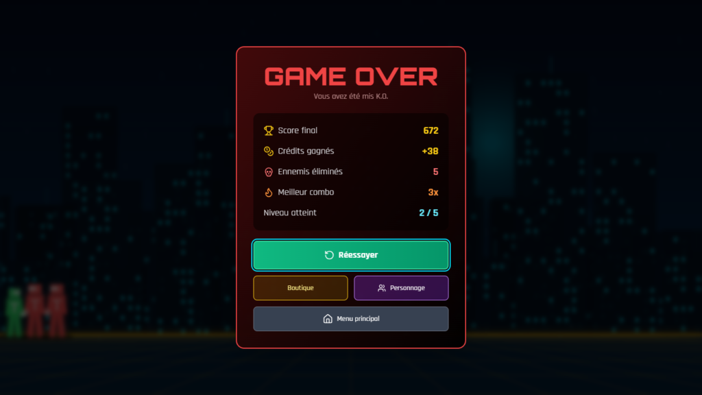 Écran Game Over avec score final et meilleur combo