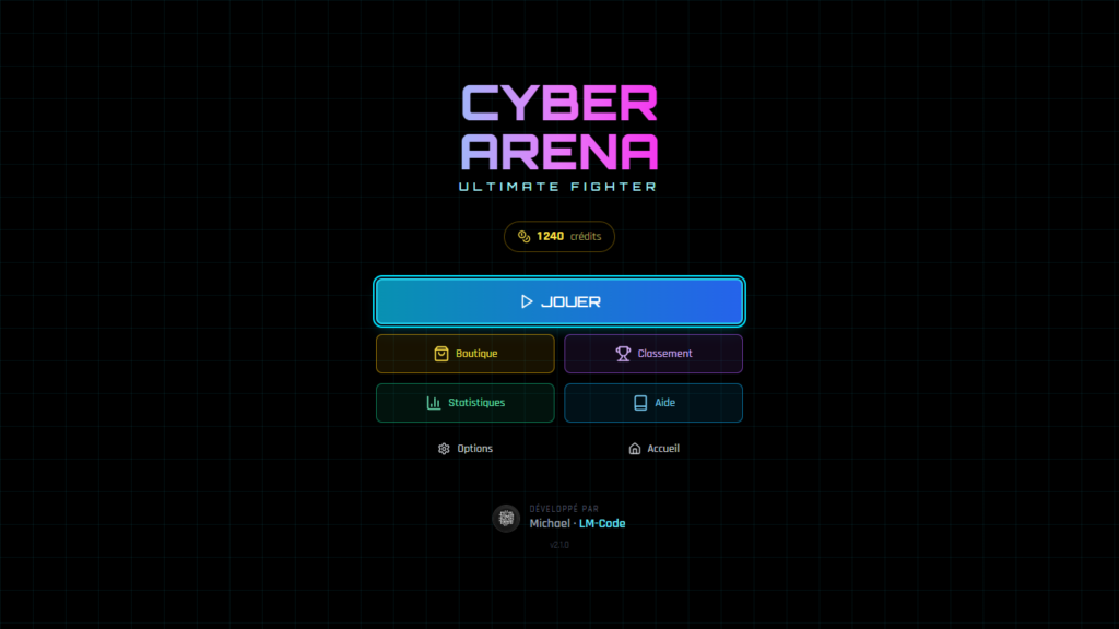 Menu principal de Cyber Arena Fighter avec le solde de crédits