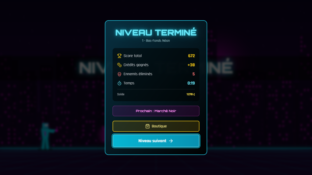Écran Niveau terminé avec score, crédits et temps