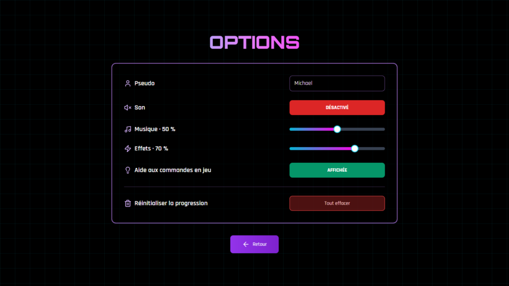Écran des options : pseudo, son, volumes, aide aux commandes