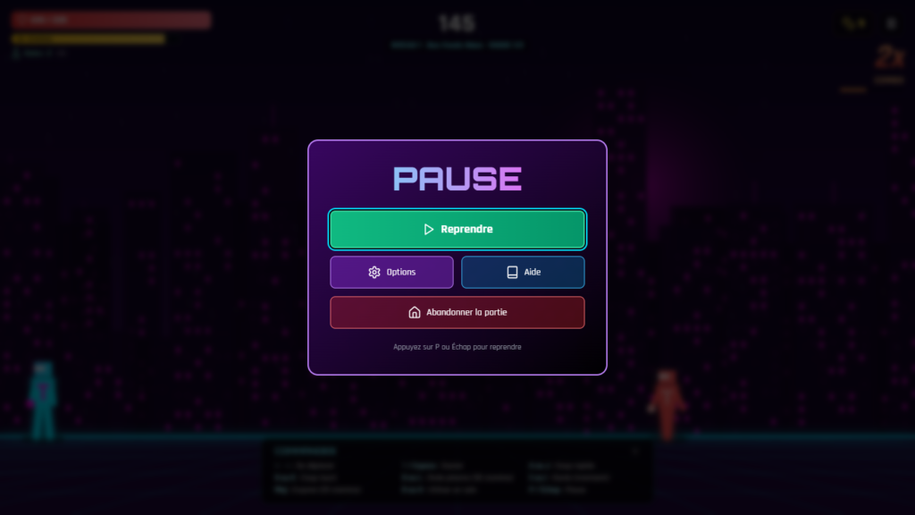 Menu pause du jeu avec options, aide et abandon