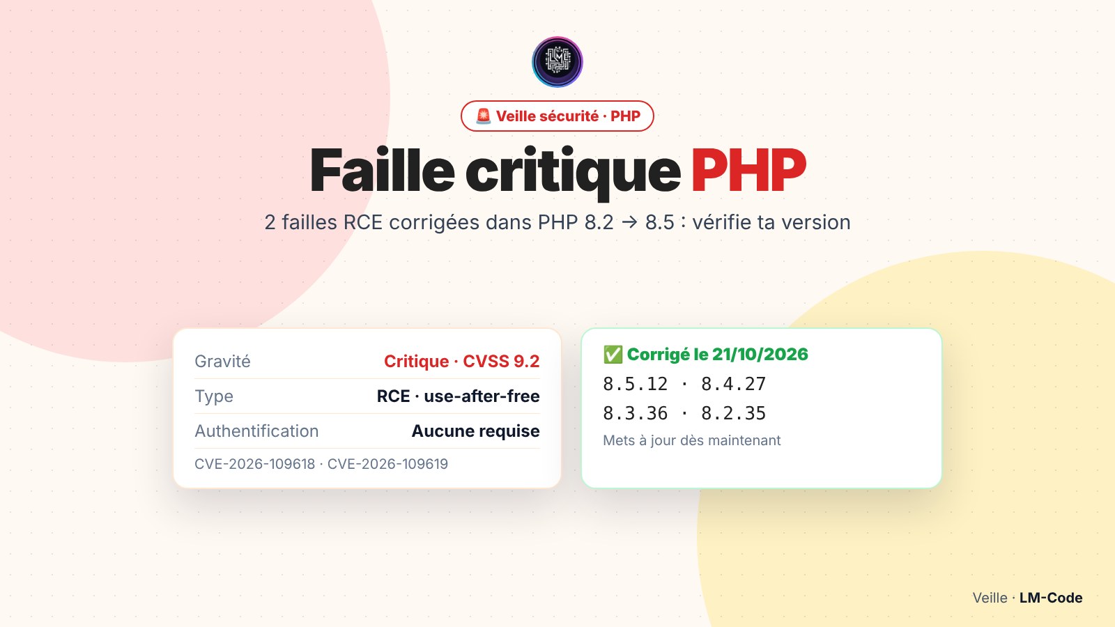 Faille critique PHP CVE-2026-109618 et CVE-2026-109619 corrigée dans PHP 8.4.27