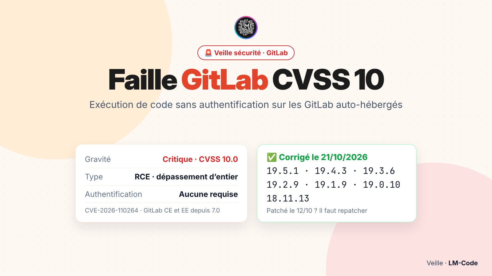Faille GitLab CVE-2026-110264 CVSS 10 corrigée