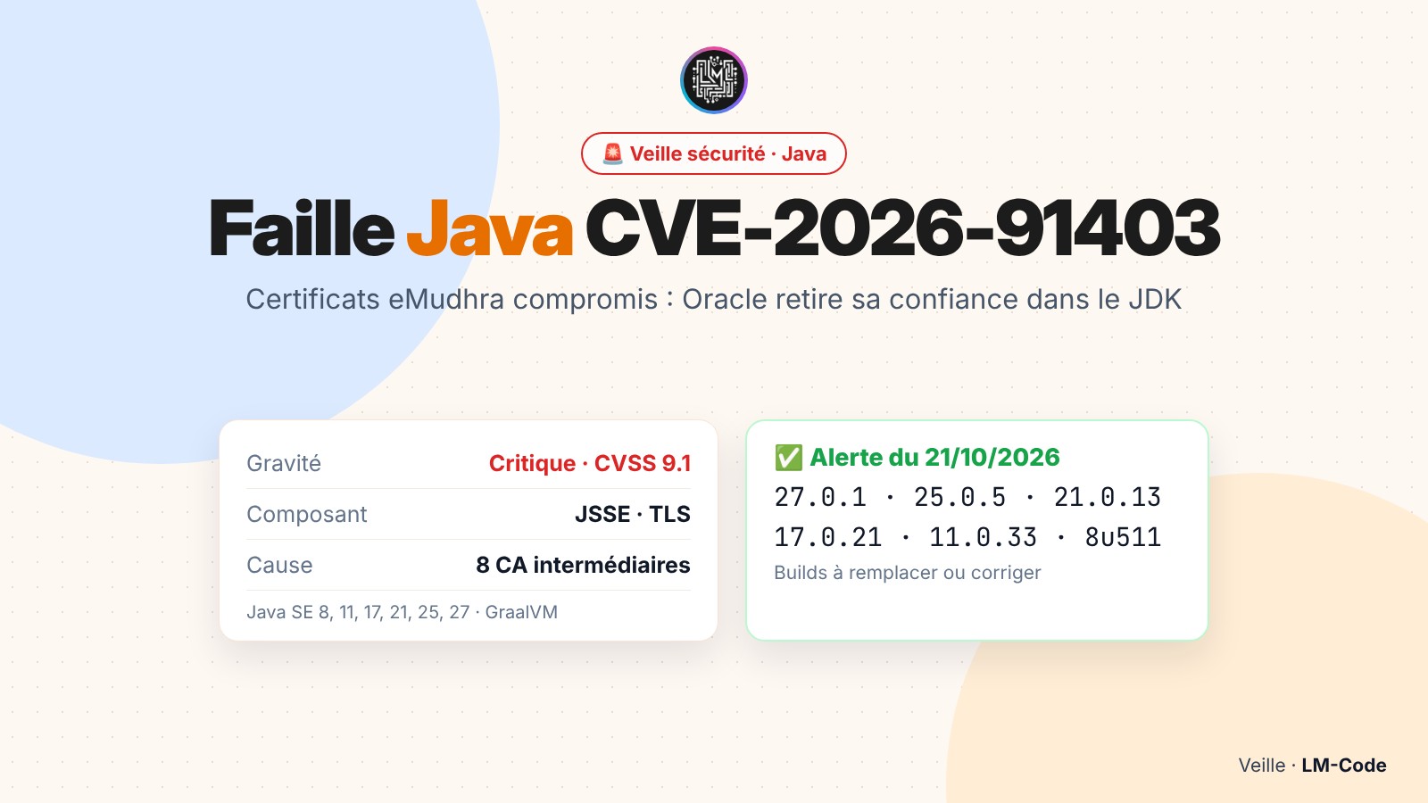 Faille Java CVE-2026-91403 certificats eMudhra