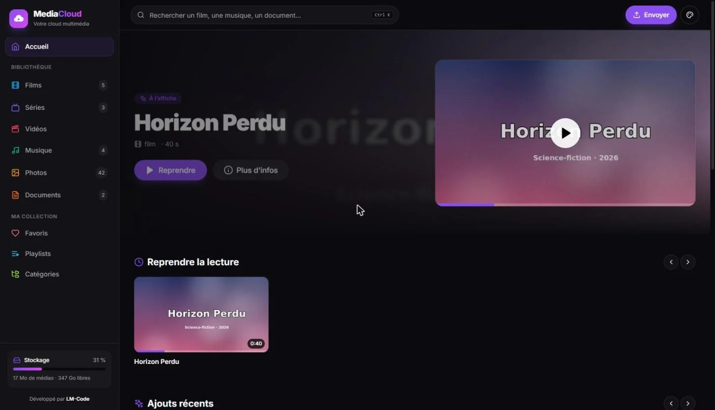 Netflix maison MediaCloud : page d’accueil avec reprise de lecture et derniers ajouts