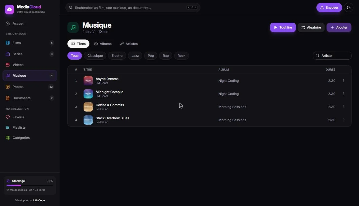 Bibliothèque Musique de MediaCloud avec pochettes d’albums extraites des fichiers