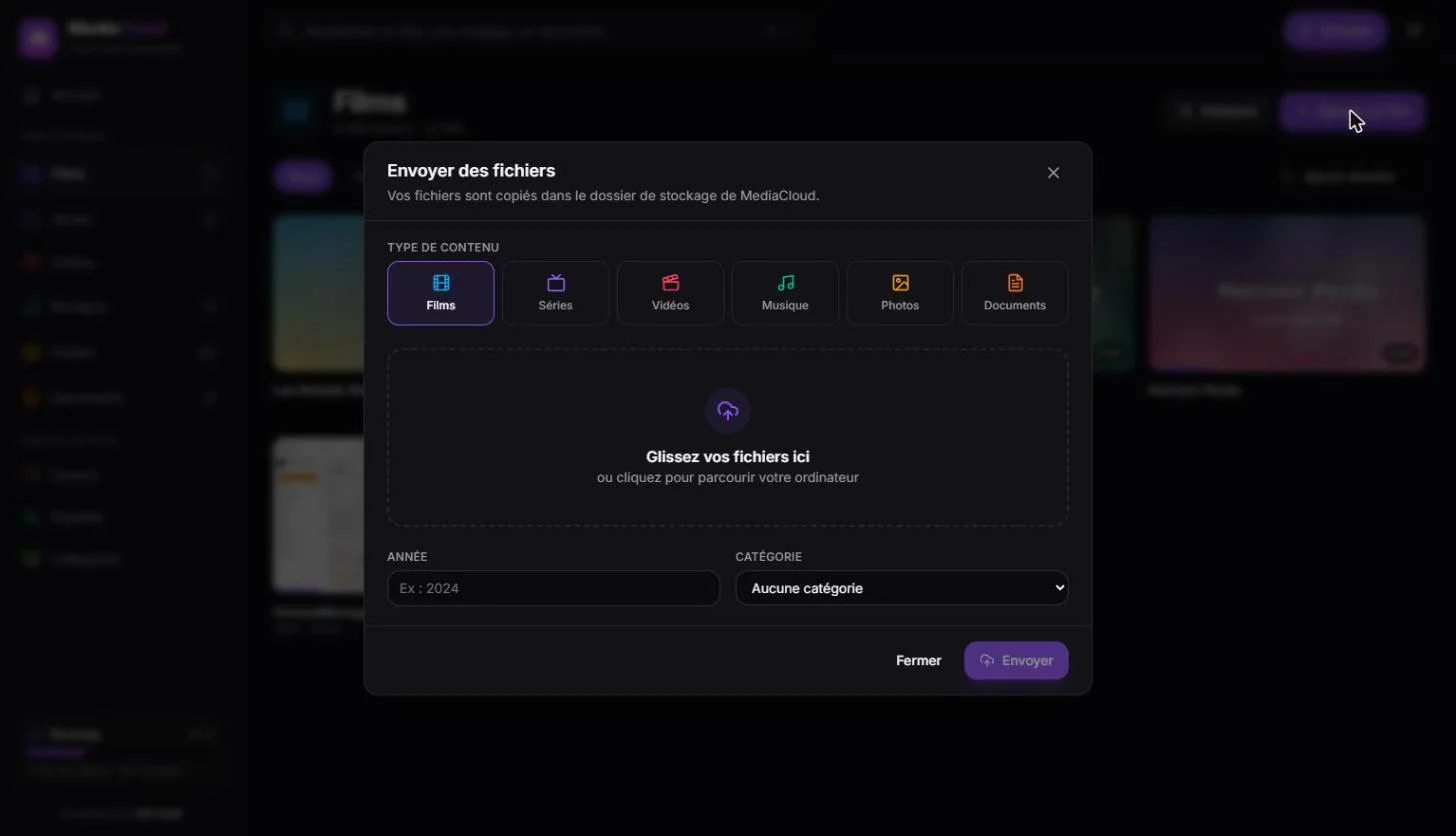 Fenêtre d’envoi de fichiers par glisser-déposer du Netflix maison MediaCloud