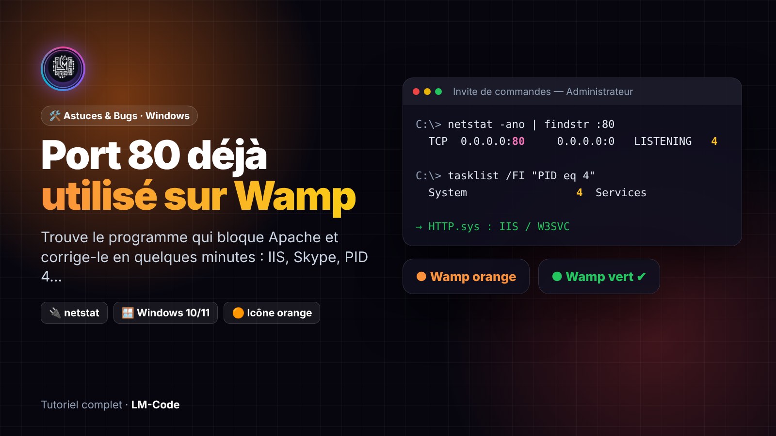 Port 80 déjà utilisé sur WampServer : trouver le programme et corriger