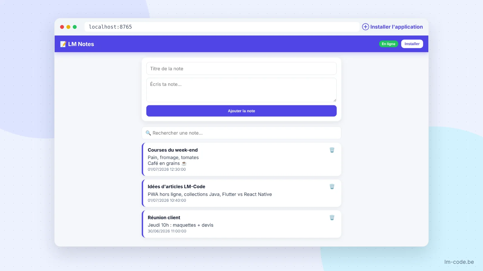 PWA LM Notes sur ordinateur avec le bouton Installer l'application dans Chrome