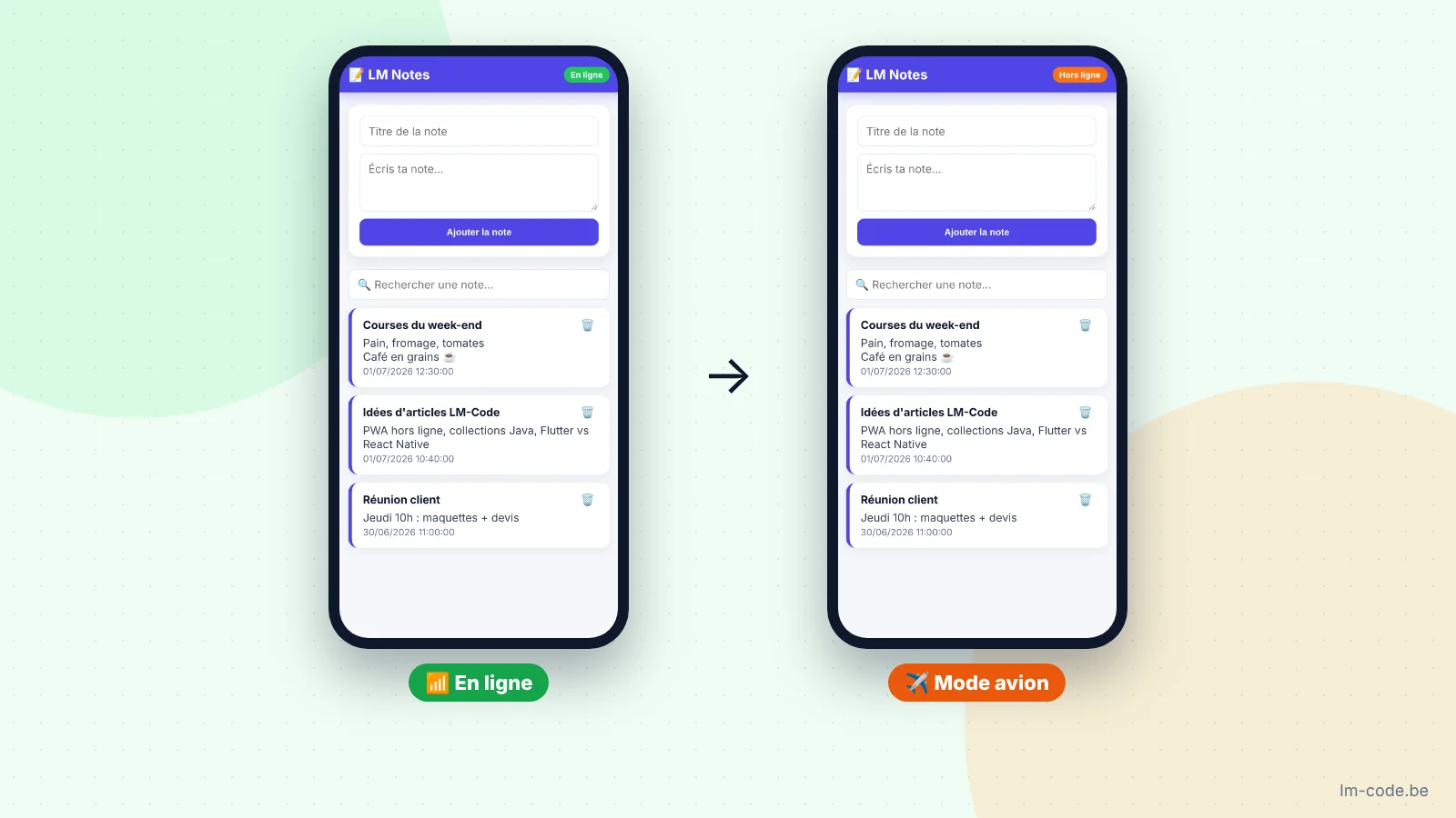 PWA installable LM Notes en ligne et en mode avion hors ligne