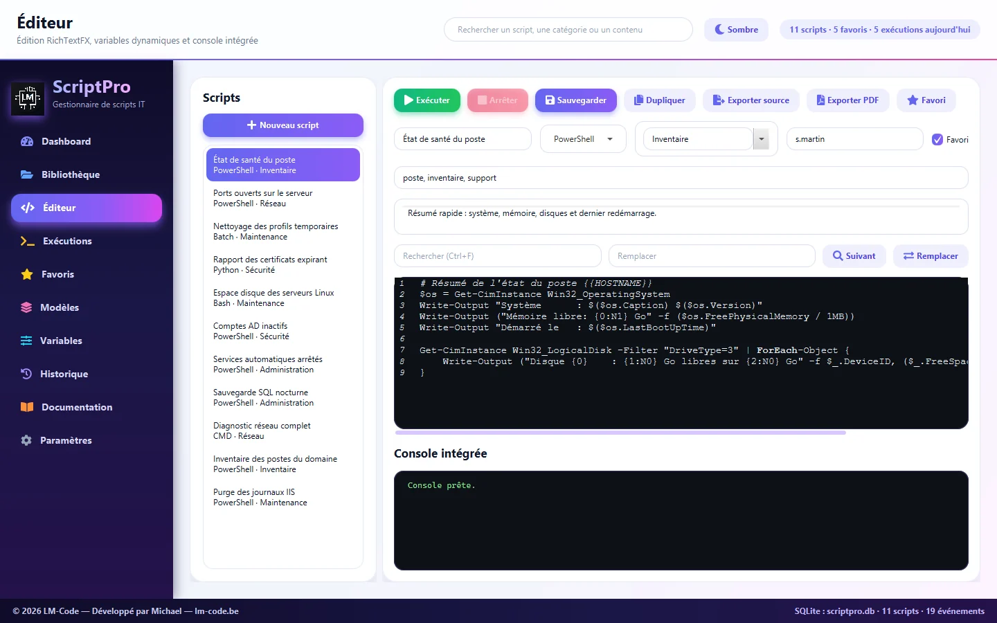 Éditeur RichTextFX de ScriptPro avec coloration syntaxique et console intégrée