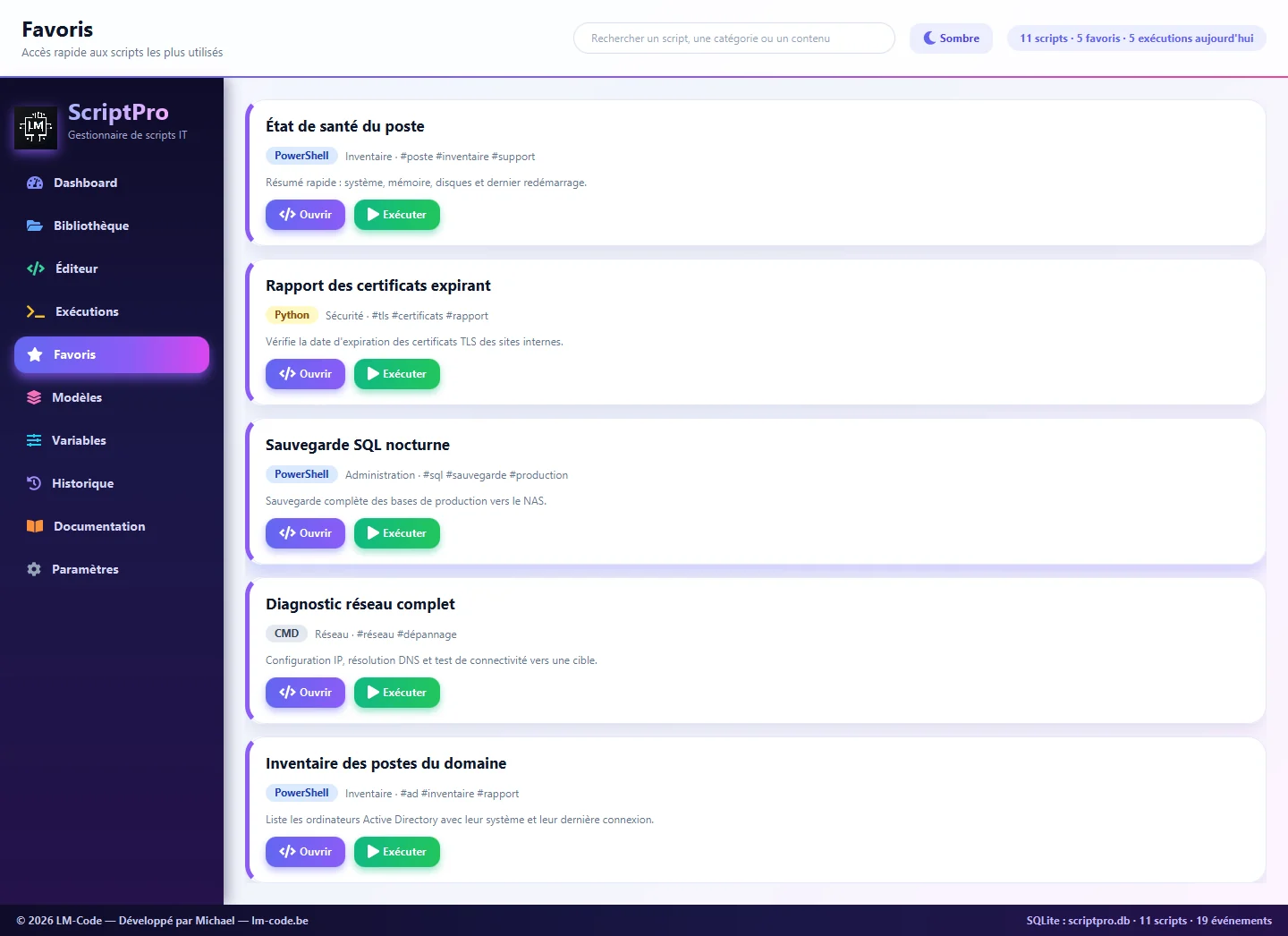 Scripts favoris sous forme de cartes avec boutons Ouvrir et Exécuter