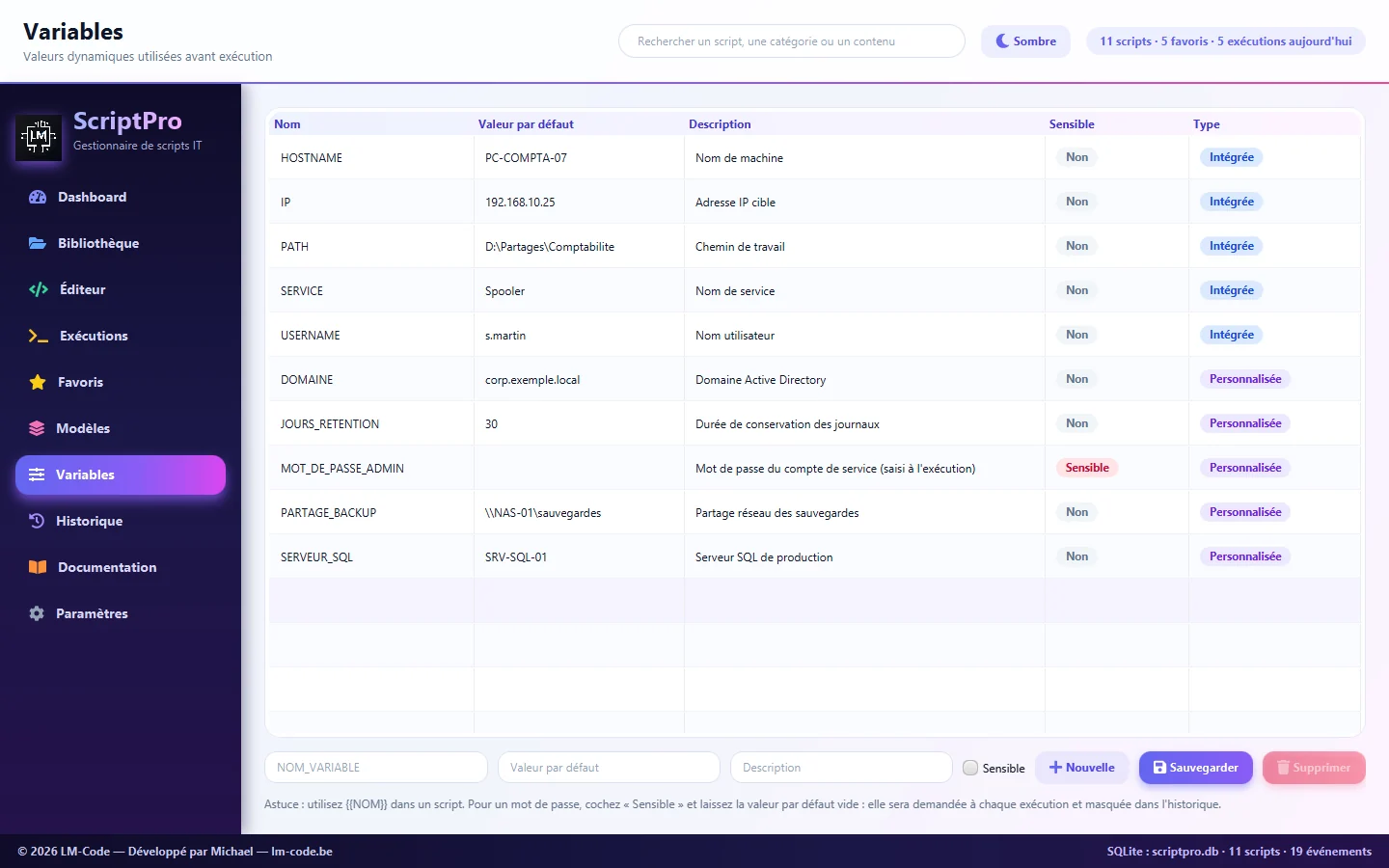 Variables dynamiques du gestionnaire de scripts, dont une variable sensible masquée