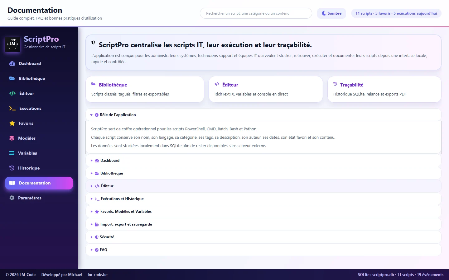 Documentation intégrée de ScriptPro avec sections dépliables