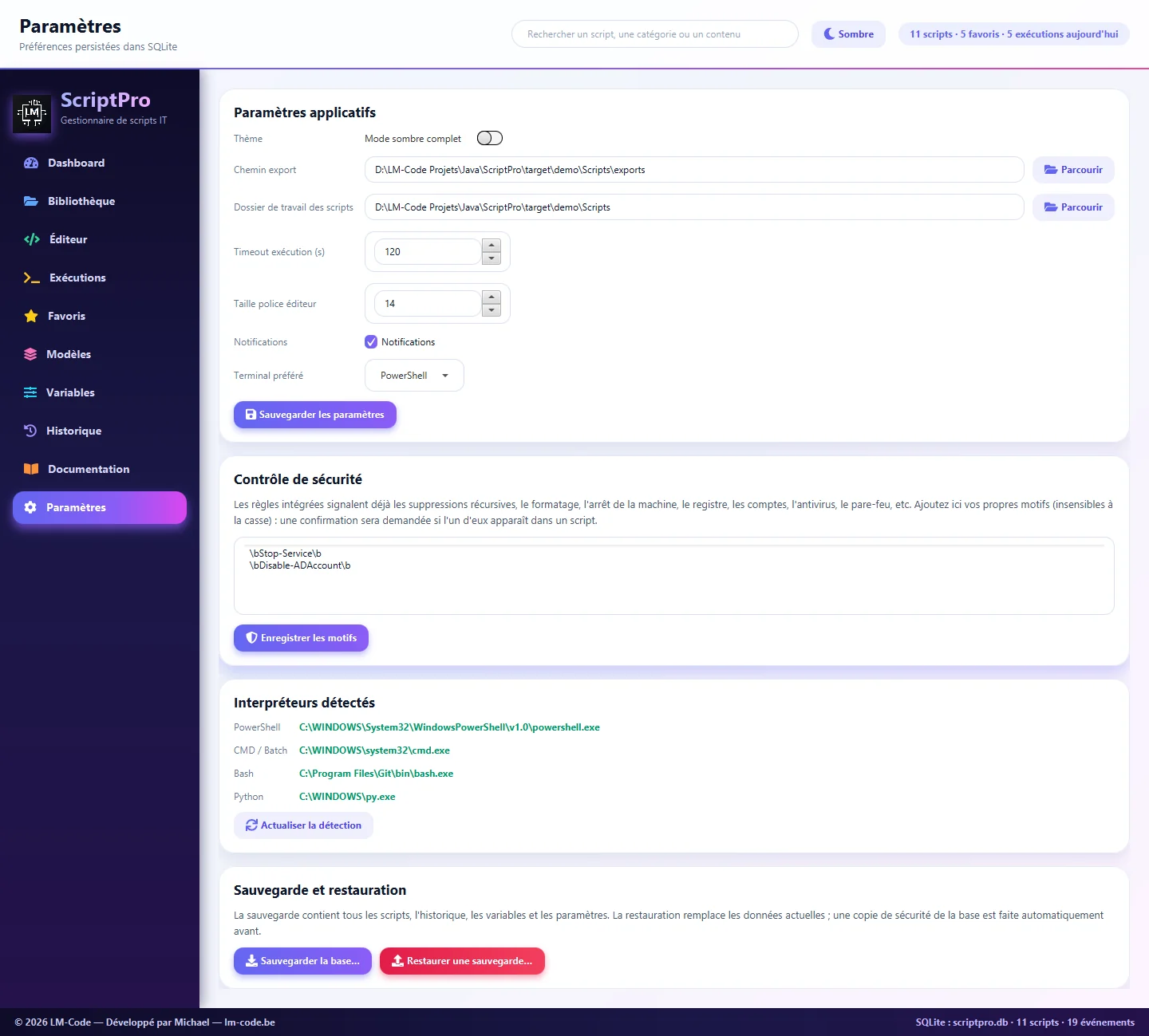 Paramètres de ScriptPro : préférences, contrôle de sécurité, interpréteurs et sauvegarde