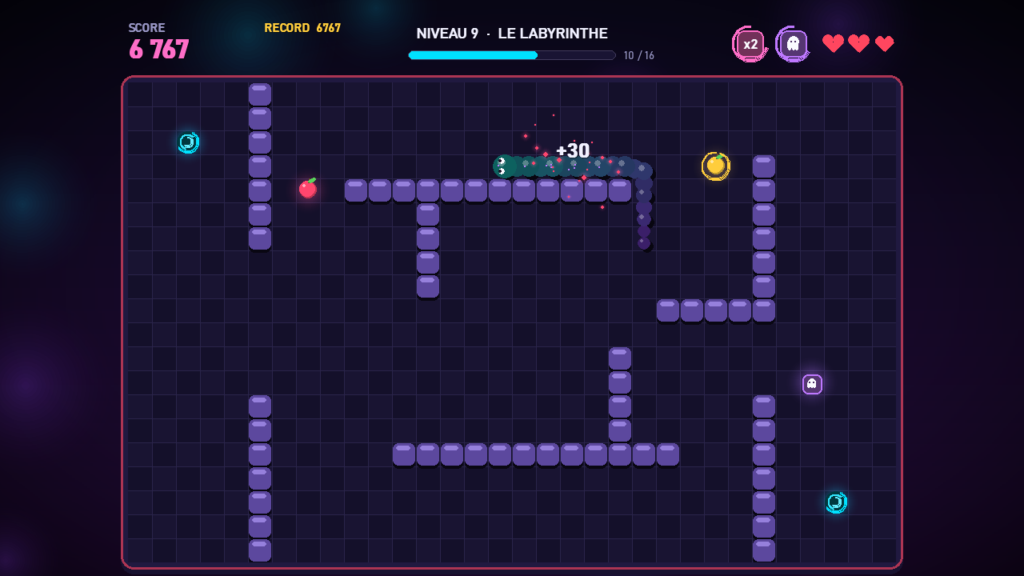 Niveau Labyrinthe du jeu Snake Pygame avec bonus actifs