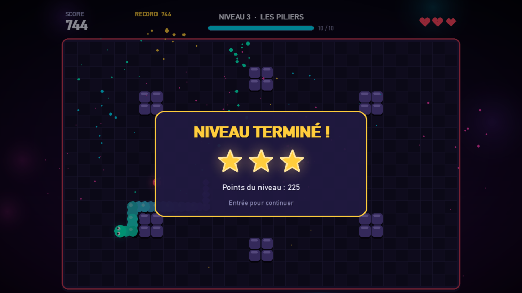 Niveau terminé avec 3 étoiles dans le Snake Python