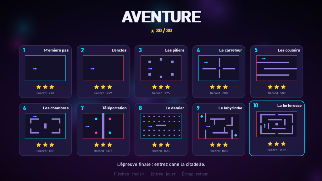 Sélection des niveaux du mode Aventure du Snake Pygame