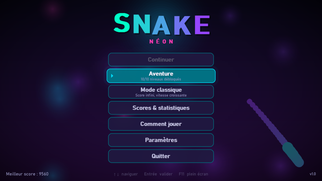 Menu principal du jeu Snake en Python avec Pygame