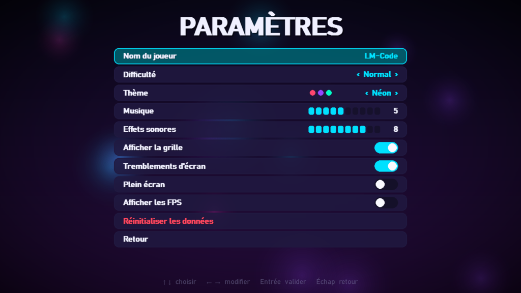 Écran des paramètres du jeu Snake en Python