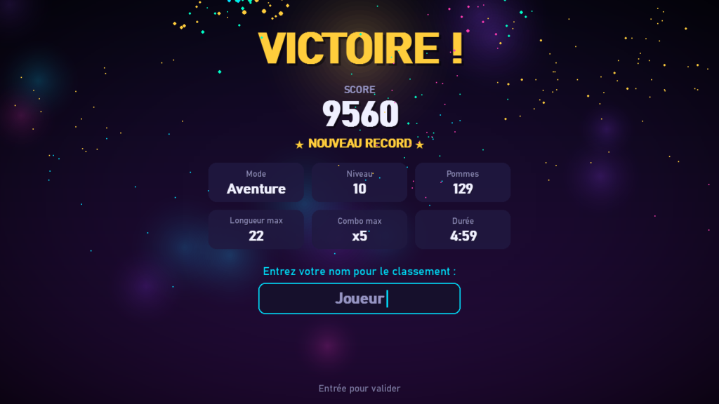 Écran de victoire du jeu Snake Python