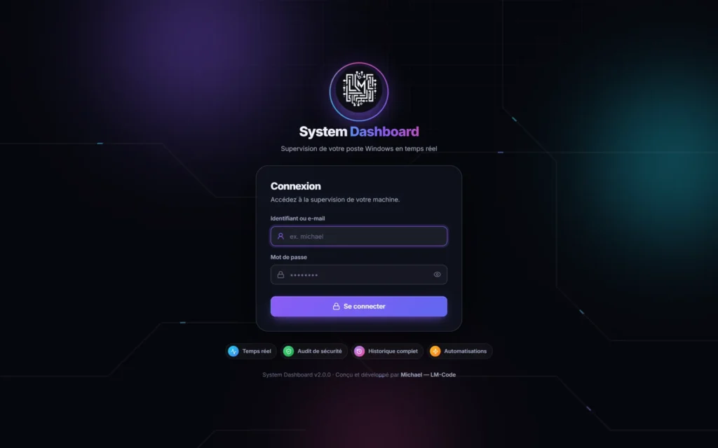 Page de connexion sécurisée du moniteur système Windows System Dashboard